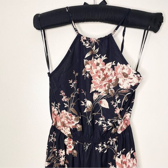 Lulus Feel The Music Dress Floral Maxi Halter Flowy Long Midnight Blue XS New - Picture 5 of 11